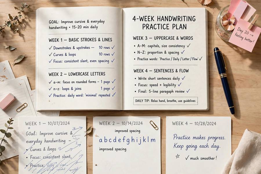 Four-week handwriting practice plan with samples