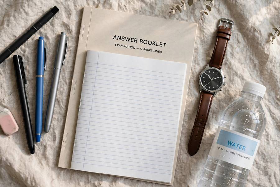 Exam writing essentials arranged on desk