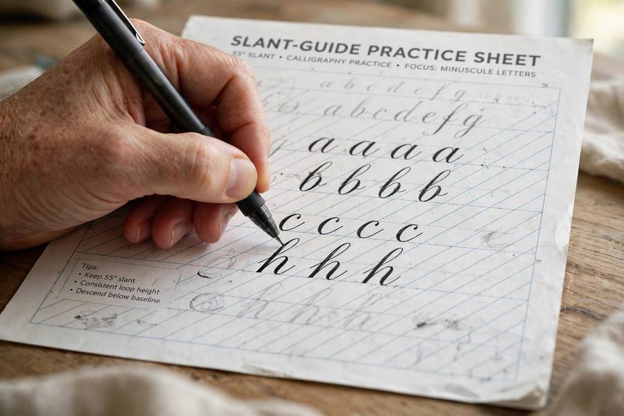 Practicing letterforms on slant-guide sheet