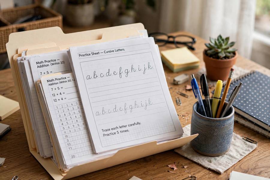 Organized folder of practice sheets on desk