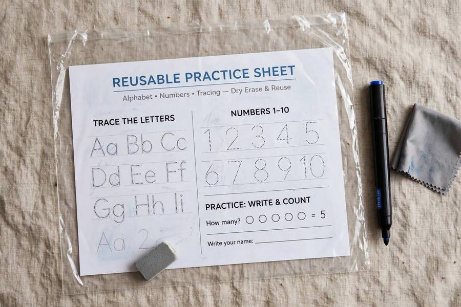 Reusable practice sheet in plastic sleeve