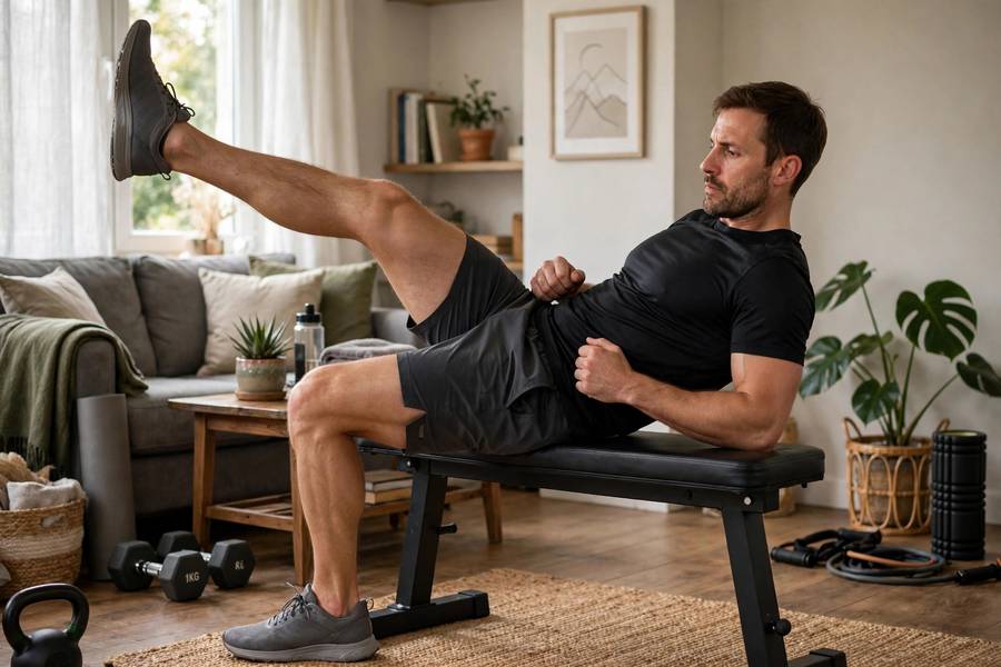 Man showing hip thrust how to with single-leg bodyweight variation