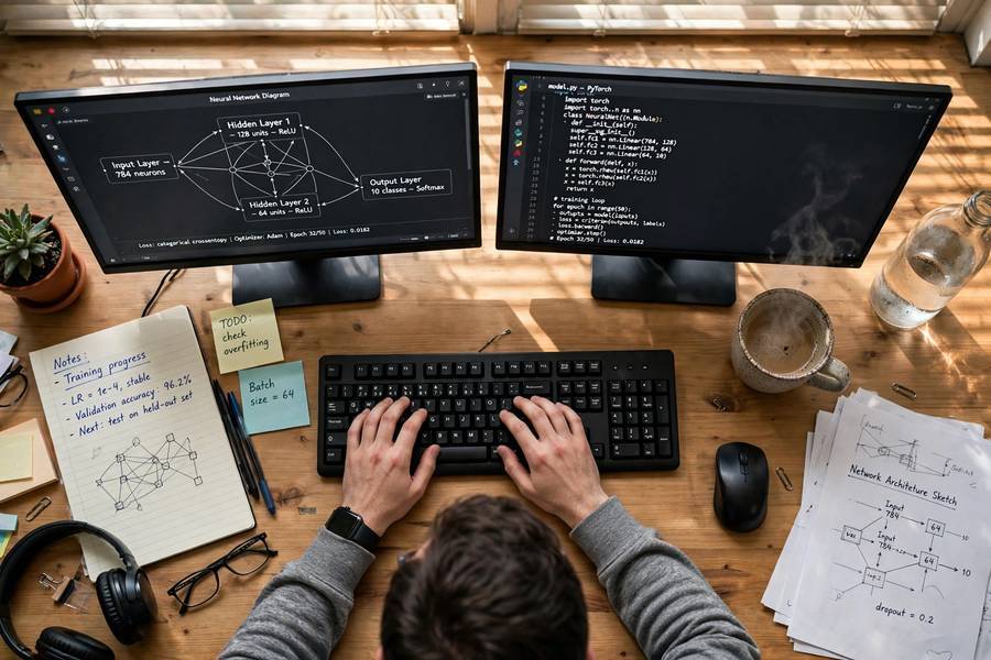 Engineer studying neural networks, part of the modern history of artificial intelligence