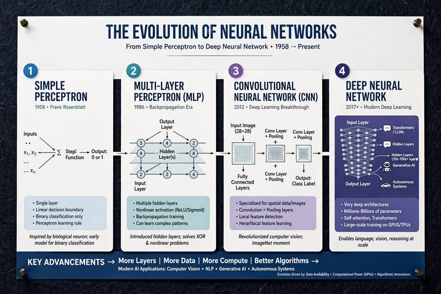Evolution from perceptron to deep neural networks in machine learning