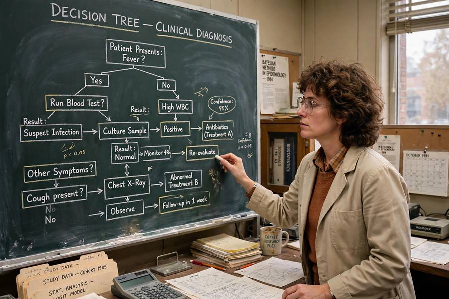 Researcher explaining decision trees in 1980s machine learning