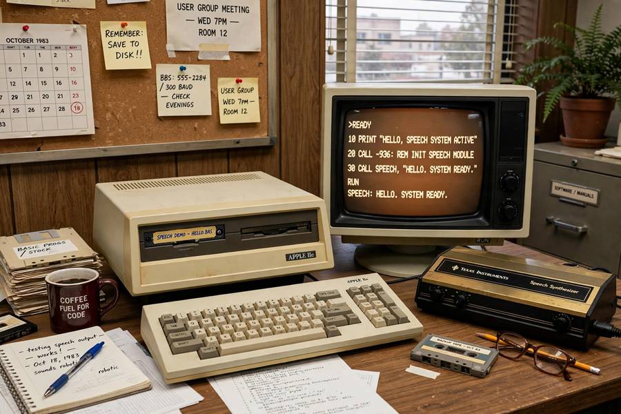 1980s computer with external speech synthesizer from the early history of text to speech technology