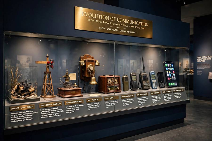 Museum display tracing the history of text to speech technology from machines to smartphones