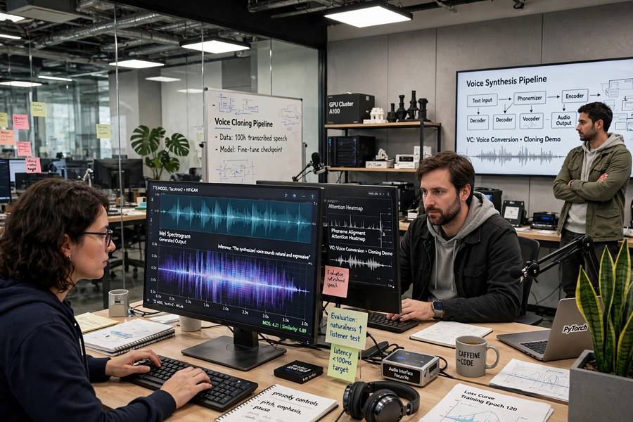 Modern AI researchers advancing text to speech technology in a lab