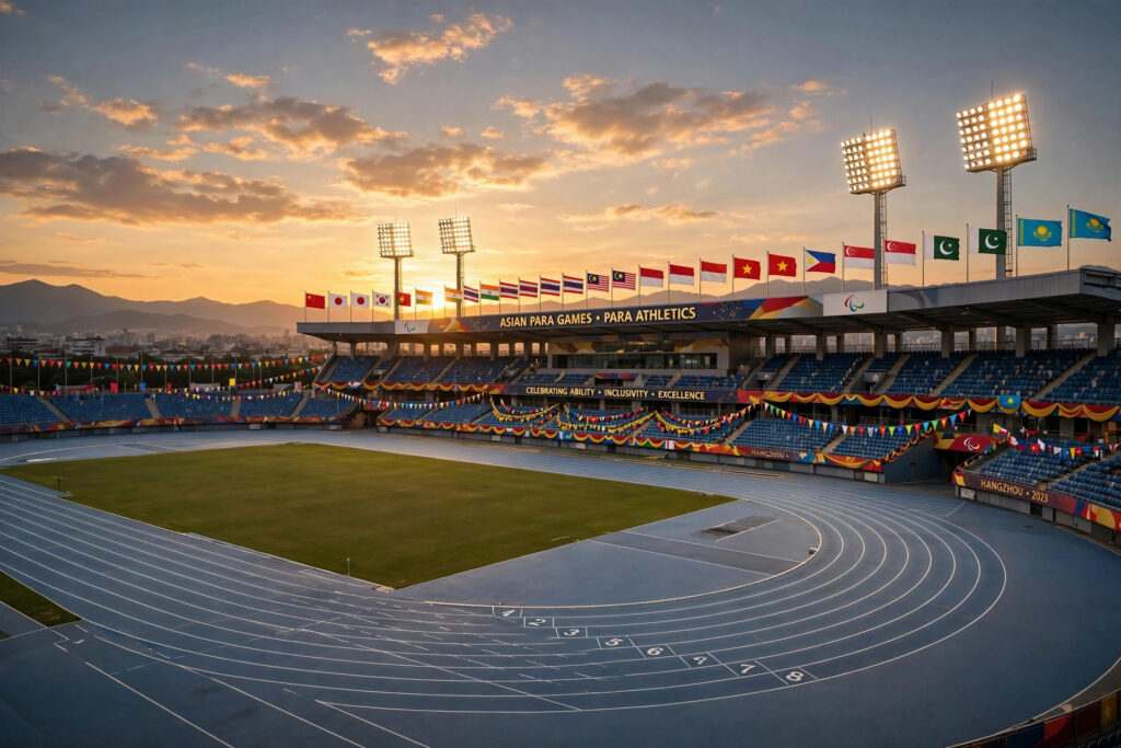 Photorealistic wide landscape of a para-athletics stadium at golden dusk, empty racing lanes and floodlights, flags of Asian nations lining the stands, celebratory atmosphere, no close-up faces