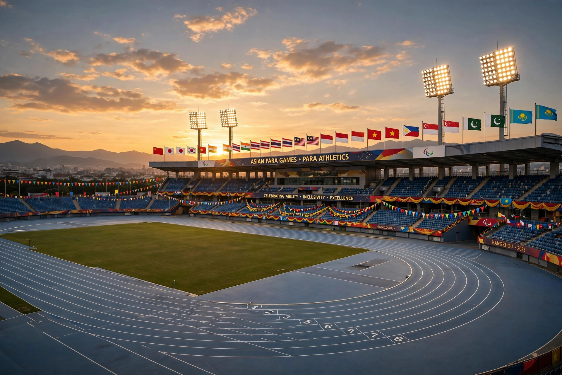 Photorealistic wide landscape of a para-athletics stadium at golden dusk, empty racing lanes and floodlights, flags of Asian nations lining the stands, celebratory atmosphere, no close-up faces