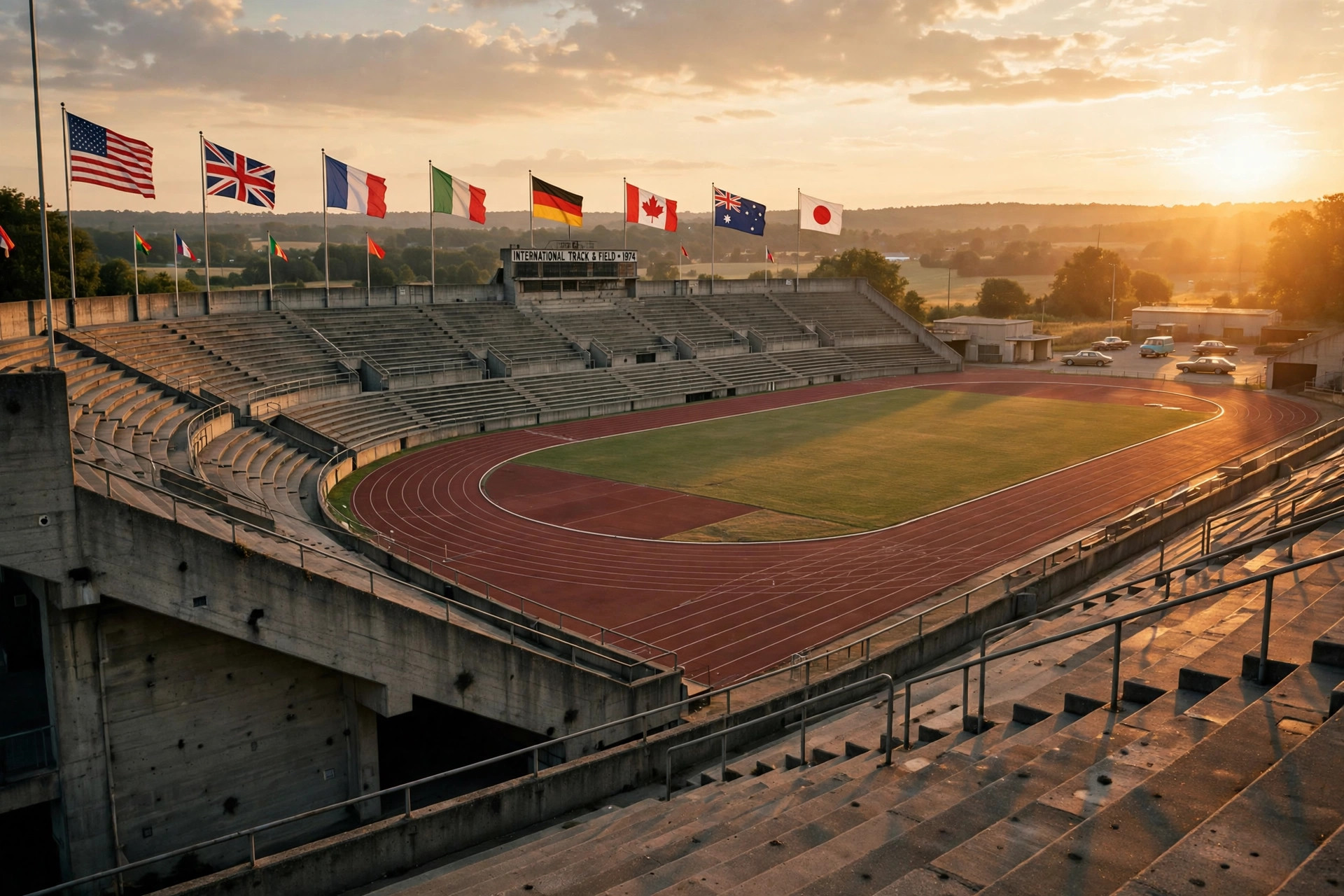 Photorealistic wide landscape of a 1970s athletics stadium at golden hour, simple concrete grandstands and a running track, flags of early participating nations on poles, warm nostalgic light, no close-up faces
