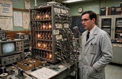 Bell Labs engineer in the 1950s demonstrating early voice recognition technology in a laboratory