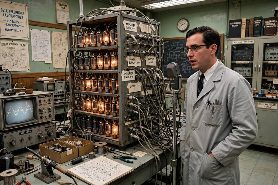 Bell Labs engineer in the 1950s demonstrating early voice recognition technology in a laboratory