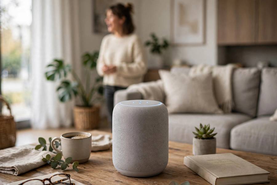 A smart speaker listening to voice commands, the modern result of decades of voice recognition technology history