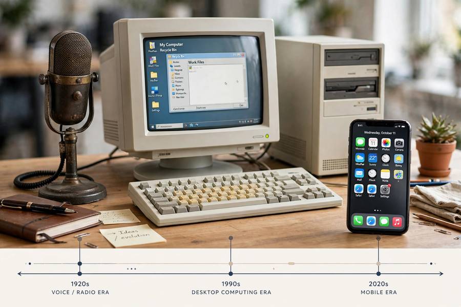 Devices marking milestones in the history of voice recognition technology, from microphones to smartphones