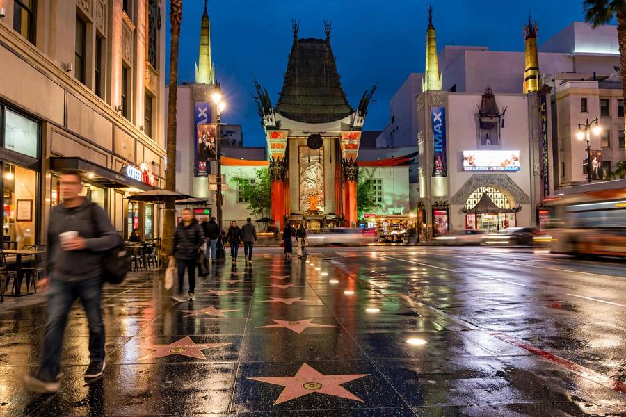Hollywood Boulevard at night showing what is the hollywood walk of fame after dark