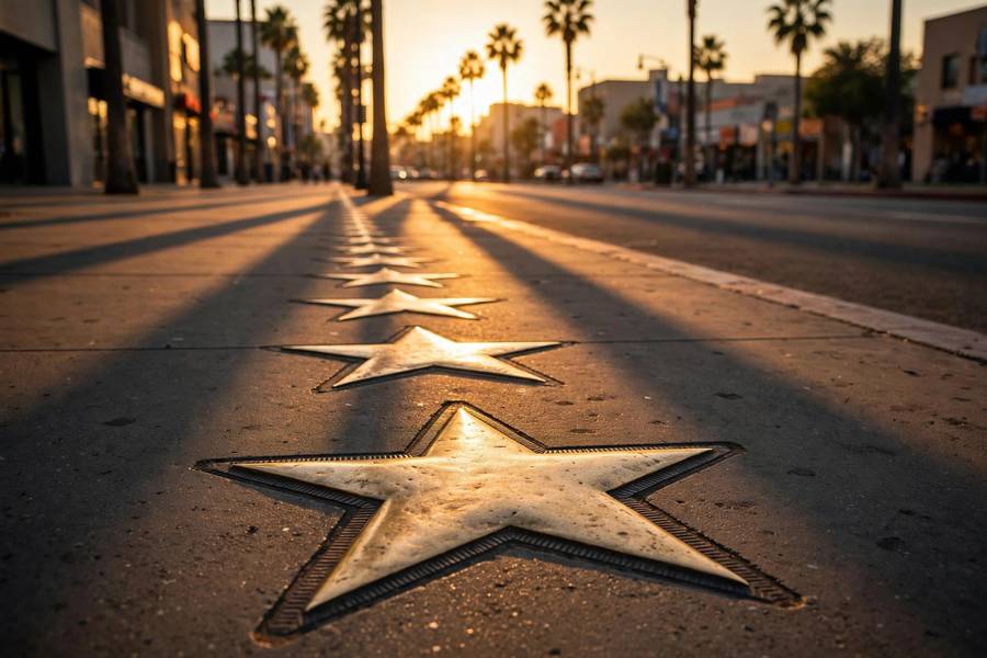 Row of stars along Hollywood Boulevard at golden hour