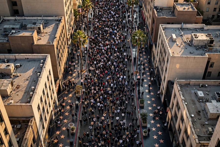 Crowds filling the Walk of Fame on a busy afternoon