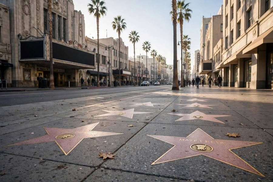 Hollywood Boulevard street view with Walk of Fame stars in the foreground