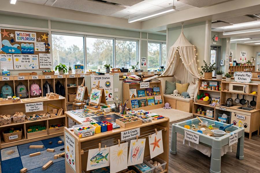 Spacious daycare center classroom with learning stations