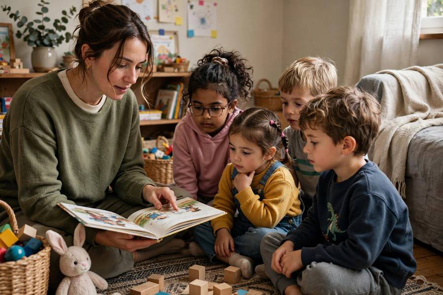 Caregiver reading to children in intimate home daycare group