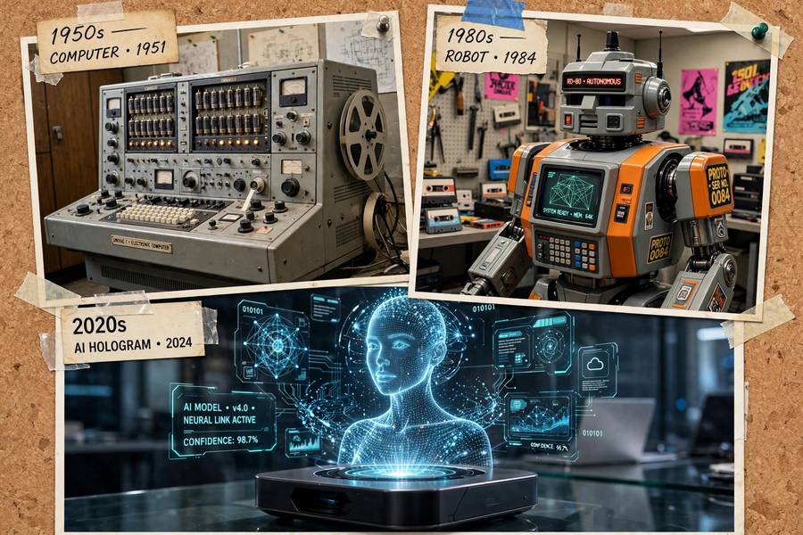 Collage showing AI development across decades