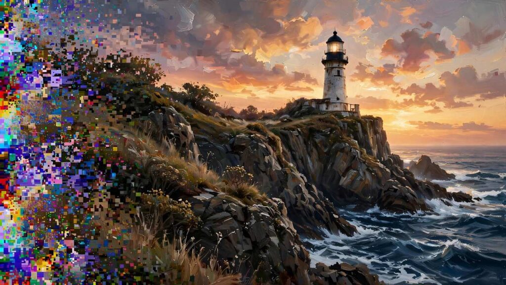 AI-generated style image of a lighthouse on a cliff at sunset emerging from digital noise