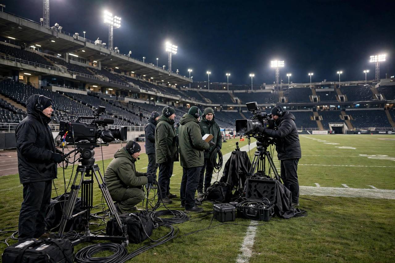 Television broadcast cameras and crew covering an NFL game from the sideline