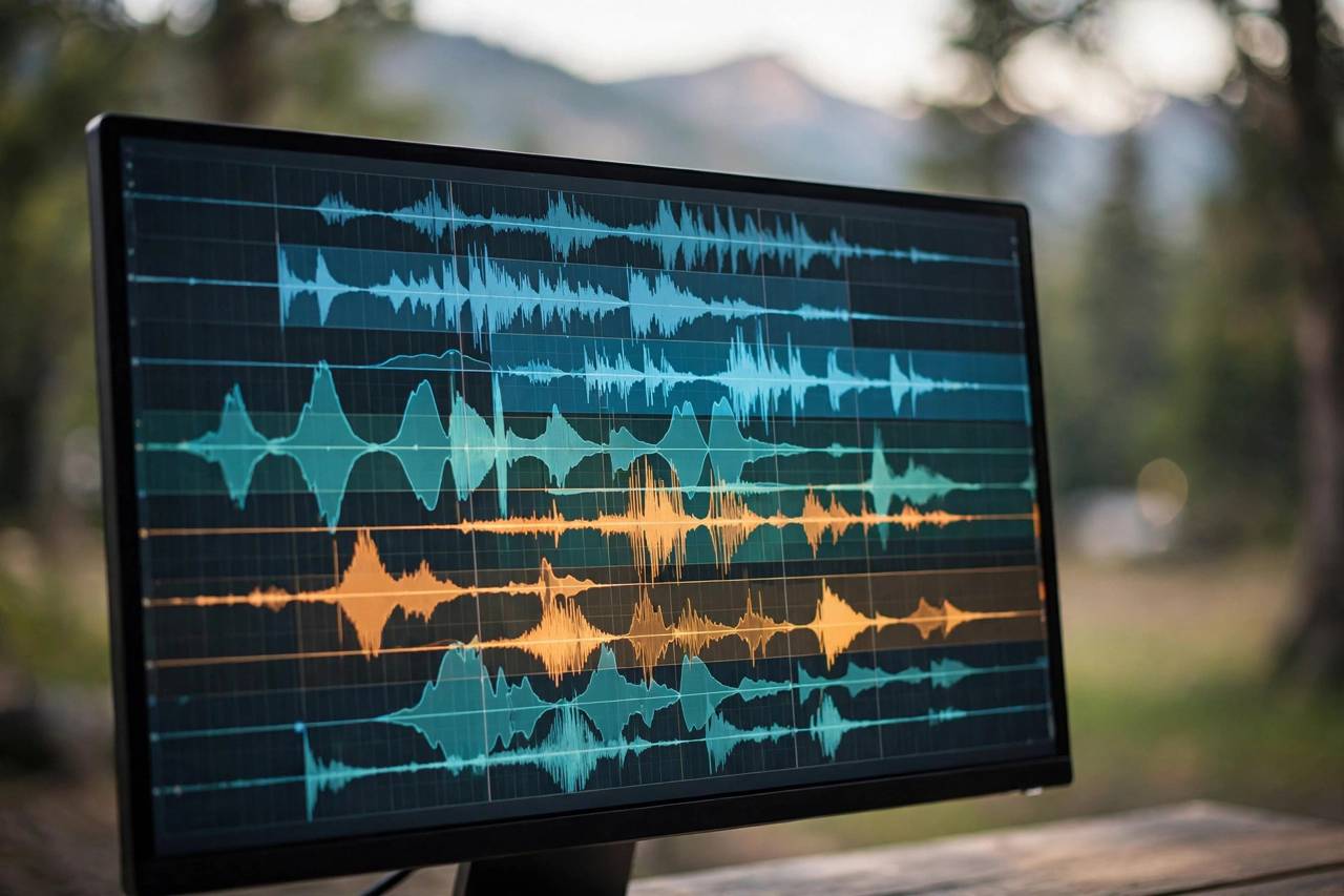 Photograph of a computer screen showing multitrack audio editing software with waveforms, shallow depth of field, no readable text