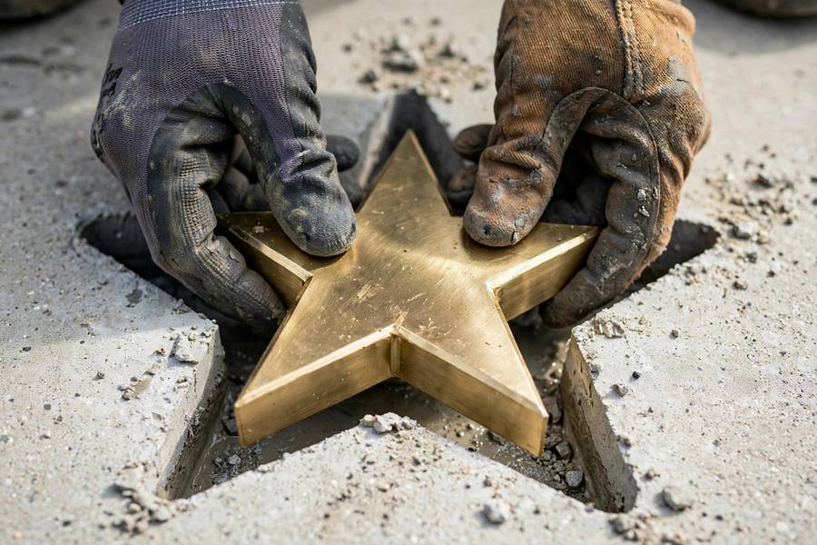 Close-up of a new star being installed in the sidewalk