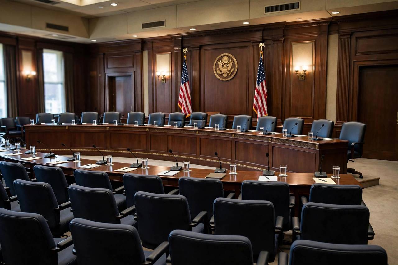 Empty chairs of US senators in a hearing room during a confirmation proceeding
