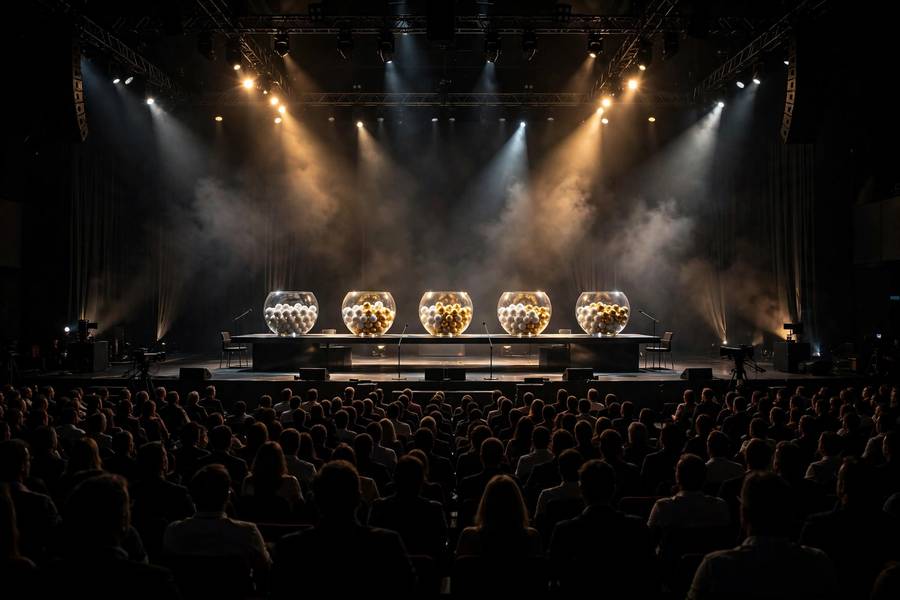 Televised World Cup draw ceremony with glass bowls of team balls on stage