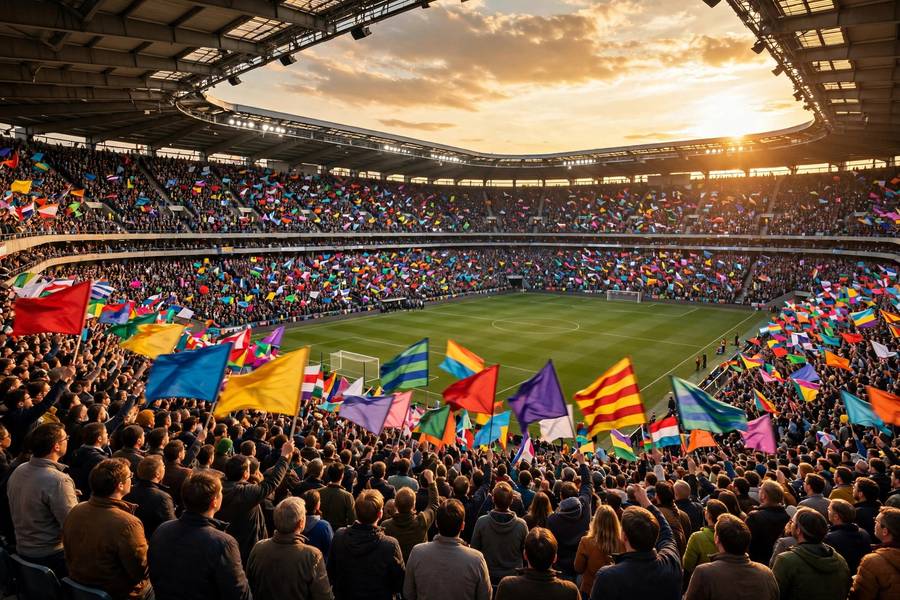 Packed stadium crowd with flags ahead of a World Cup group stage match