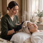 Luxury facial treatment in high-end spa, aesthetician working on client, serene atmosphere, photorealistic