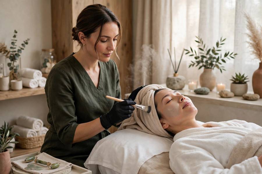 Luxury facial treatment in high-end spa, aesthetician working on client, serene atmosphere, photorealistic