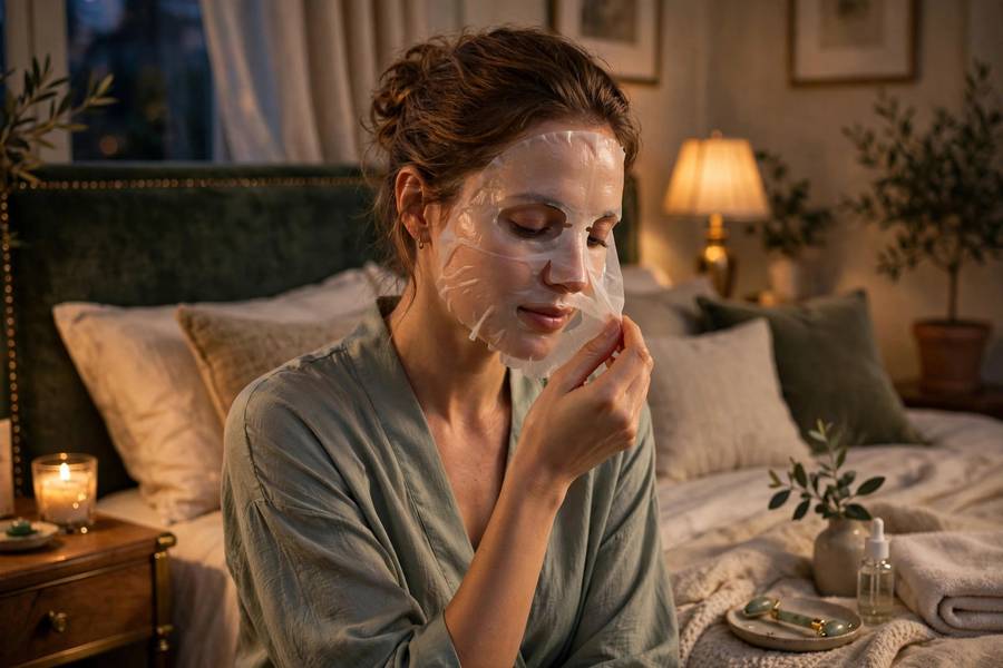 Woman applying hydrating sheet mask in elegant bedroom, self-care evening, soft light, photorealistic