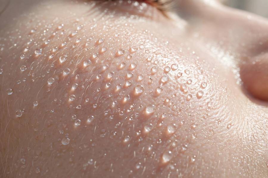 Close-up of glowing skin with water droplets, fresh hydrated complexion macro, natural beauty, photorealistic