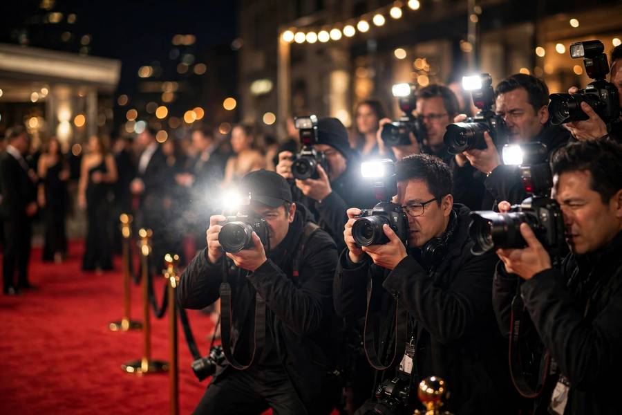Red carpet event with photographers and flashing cameras at night, glamorous atmosphere, photorealistic