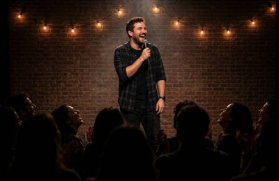 Stand-up comedian performing jokes on stage to a laughing audience