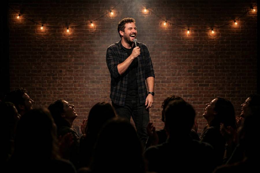 Stand-up comedian performing jokes on stage to a laughing audience