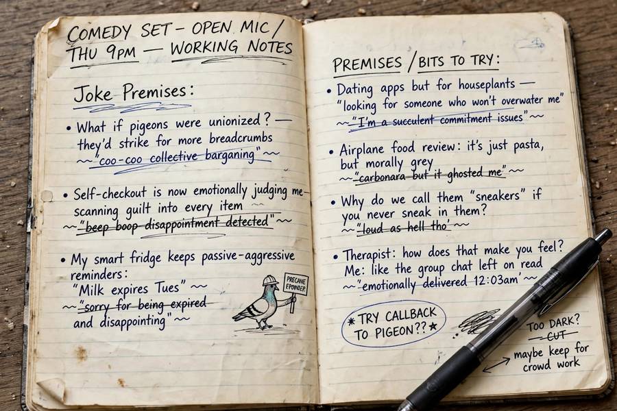 Comedian's notebook with joke premises and edited punchlines showing how comedians write jokes