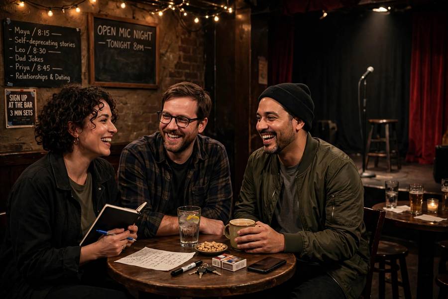 Comedians testing new material at an open mic night