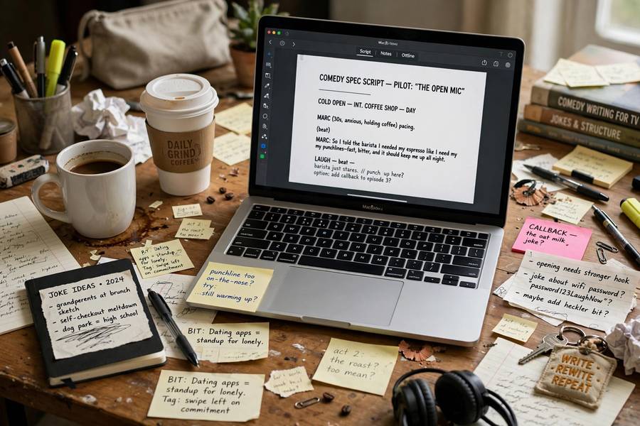 Comedy writer's desk with script notes showing the joke writing process