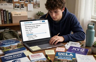 High school senior completing the Common Application on a laptop