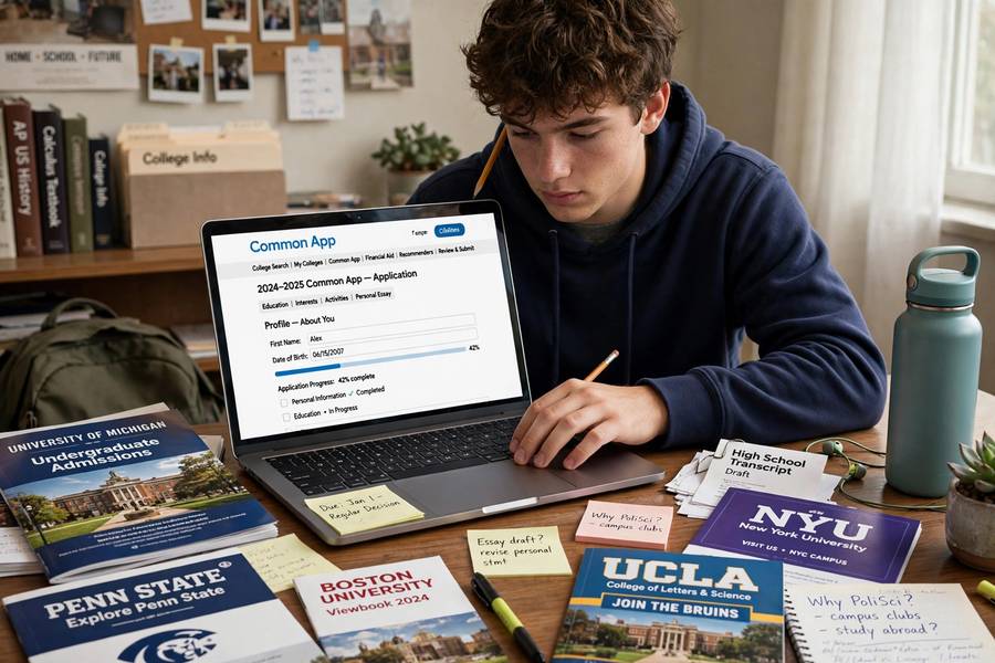 High school senior completing the Common Application on a laptop