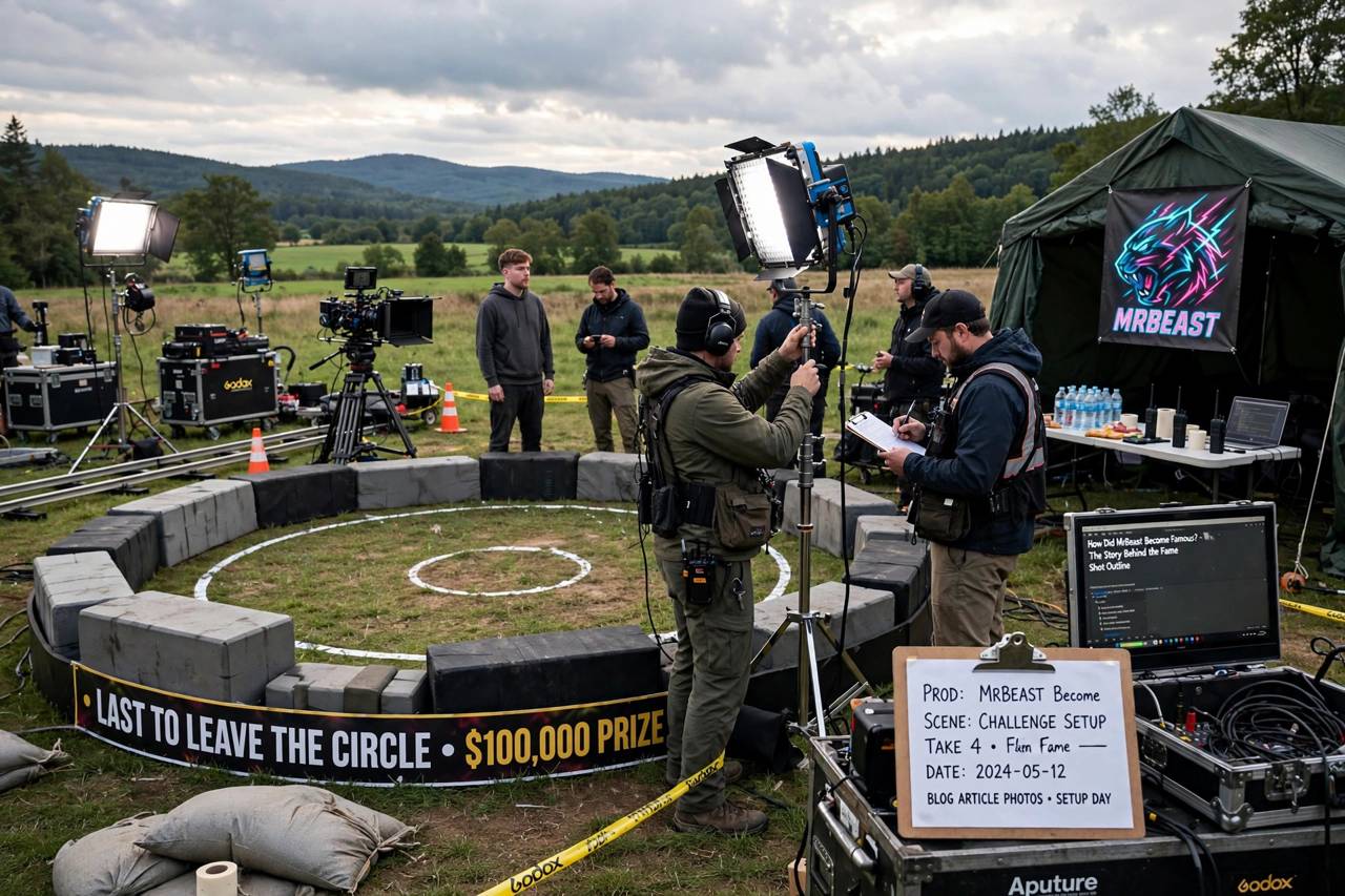 Film crew setting up an elaborate outdoor challenge with props and lighting