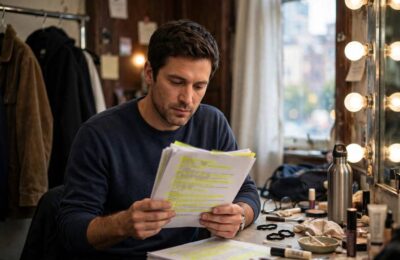 Actor studying a highlighted script showing how do actors memorize lines preparation