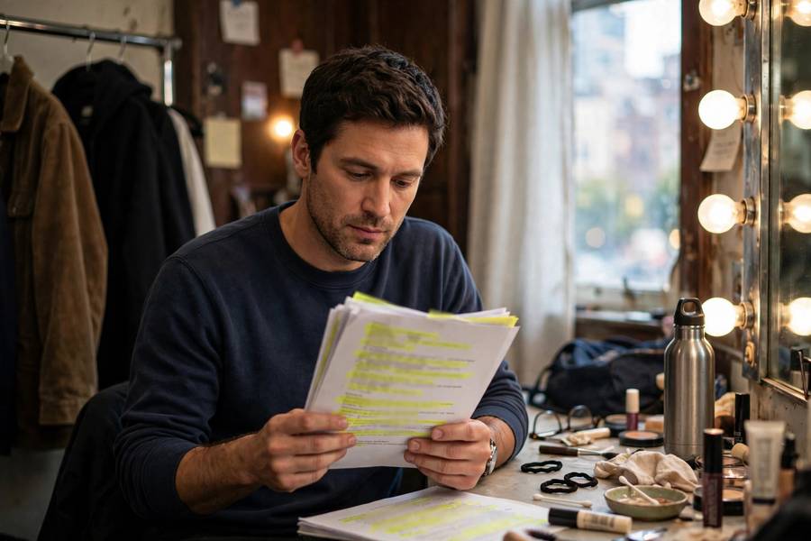 Actor studying a highlighted script showing how do actors memorize lines preparation