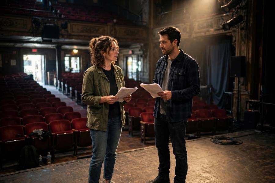 Rehearsal in a theater demonstrating how do actors memorize lines through practice