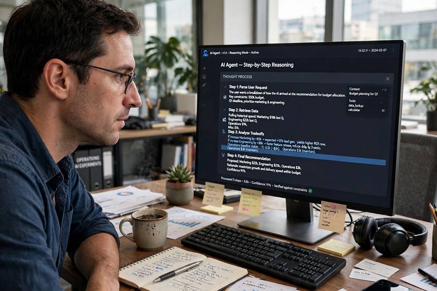 An AI agent's step-by-step decision process shown on a monitor